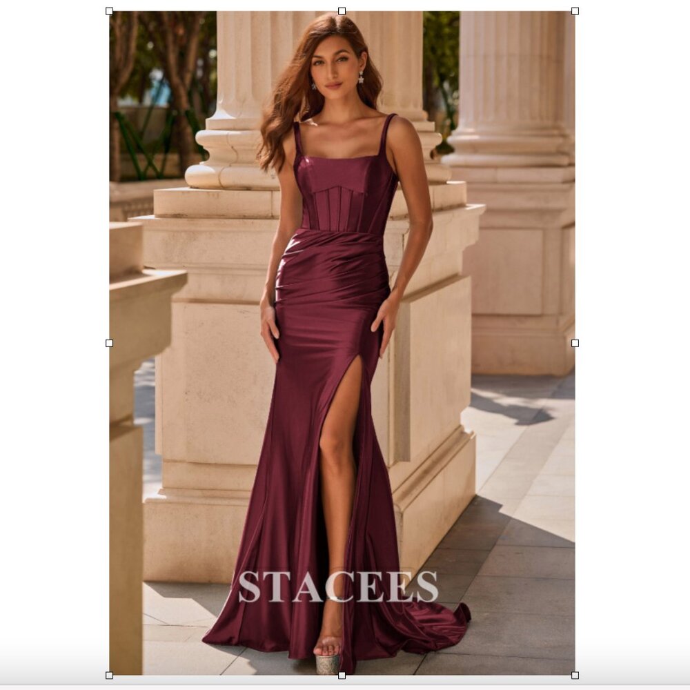 Fitted Square Neckline Ruched Satin Boned Corset Slit Prom Dress - Burgundy